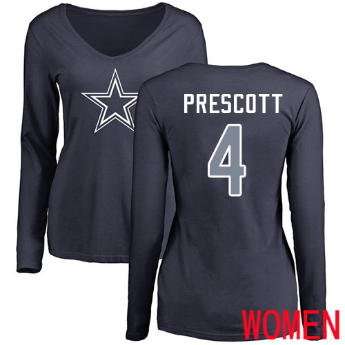 Women Dallas Cowboys Navy Blue Dak Prescott Name and Number Logo Slim Fit #4 Long Sleeve Nike NFL T Shirt